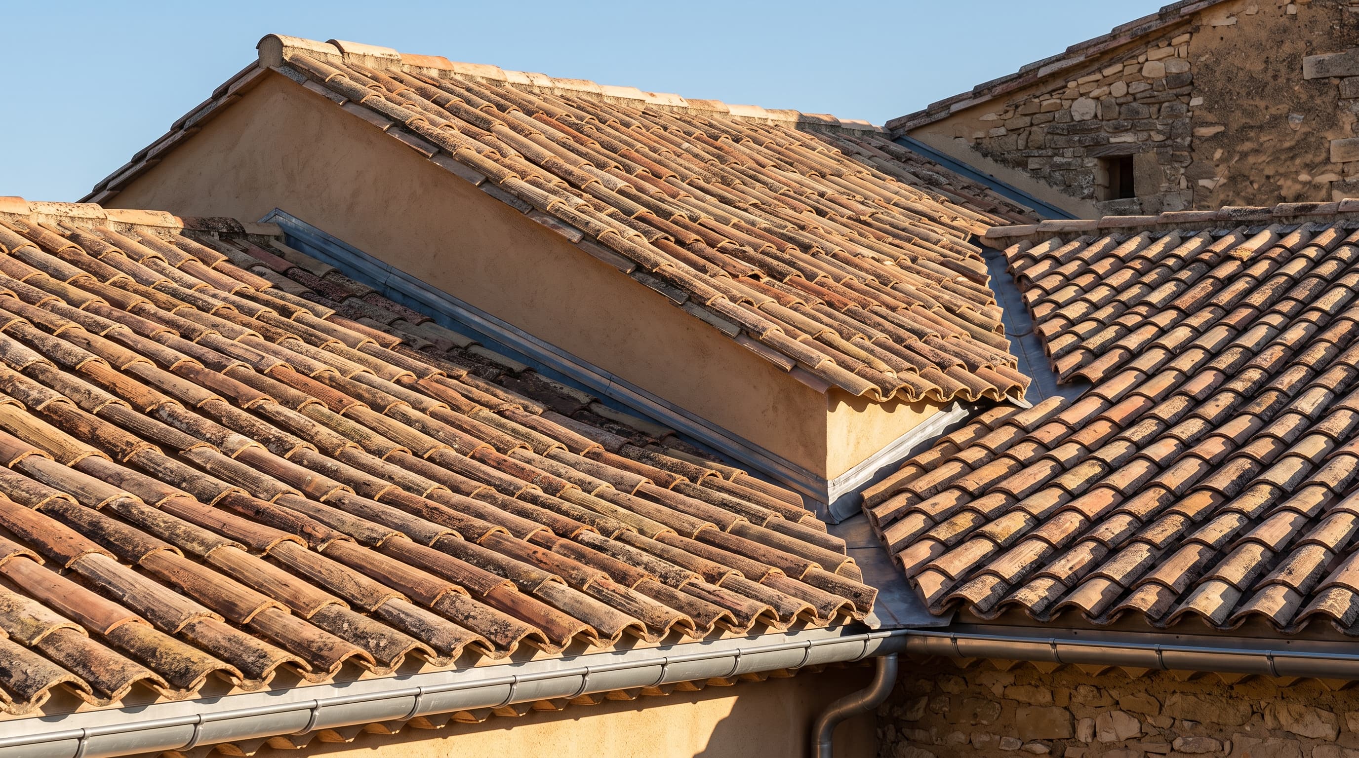 Détail d'une toiture en tuiles et de ses éléments de couverture