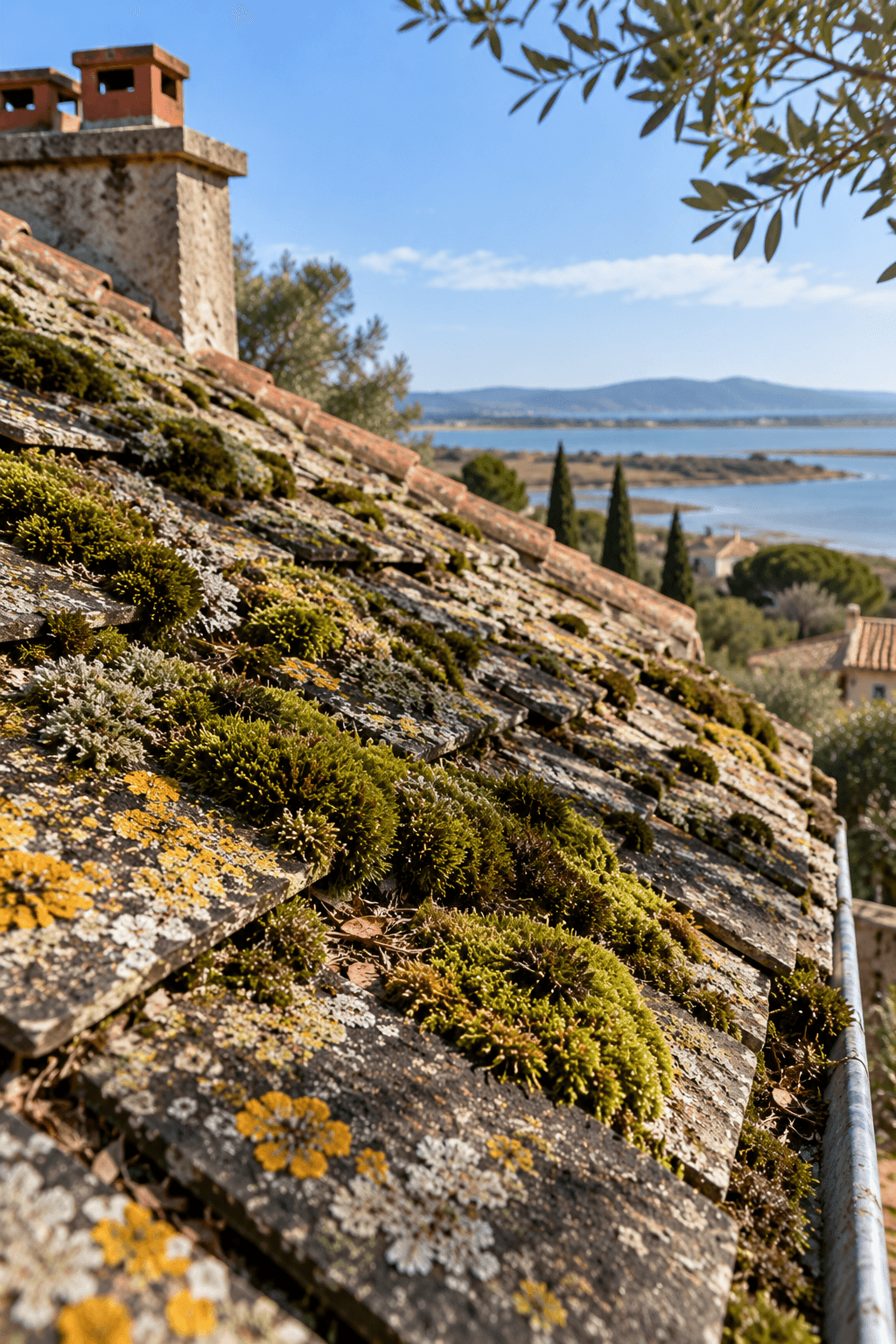 Mousses et lichens présents sur une toiture en tuiles